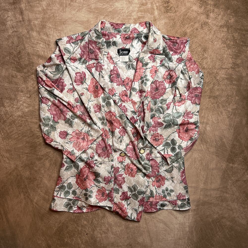 Vintage 80s Jenni Double Breasted Floral V Neck Blouse Jacket Beige Pink Cottage